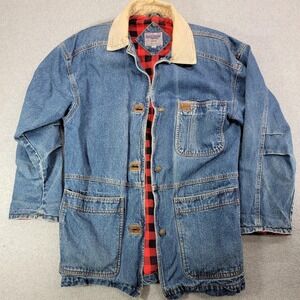 Current Seen Jacket Mens Medium Blue Denim Chore Barn Coat Plaid Flannel Lined